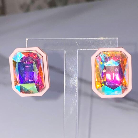 New Pink Rhinestone Iridescent Emerald Cut Scissor Stud Earrings Jewel Rectangle - Picture 2 of 4